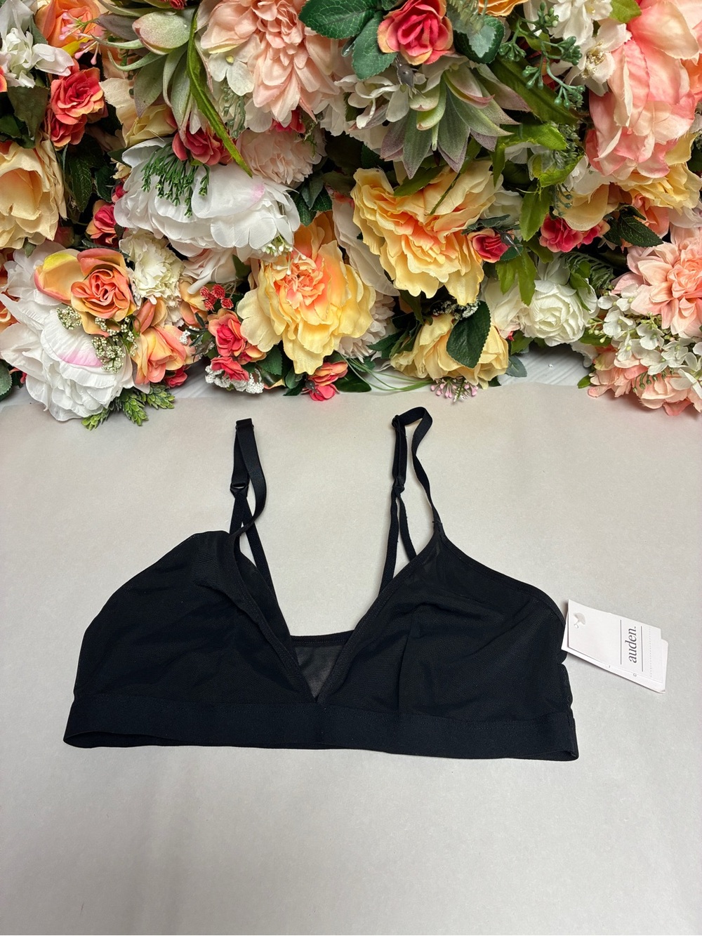 Auden Stretch Mesh Unlined Triangle Bralette Black Medium Adjustable Straps NWT